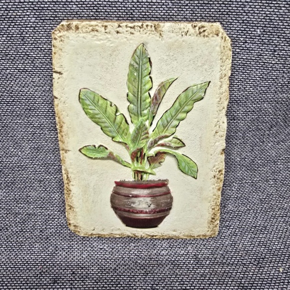 Botanical Wall Plaque 3D Relief Potted Plant Green Cream Good Rustic‎